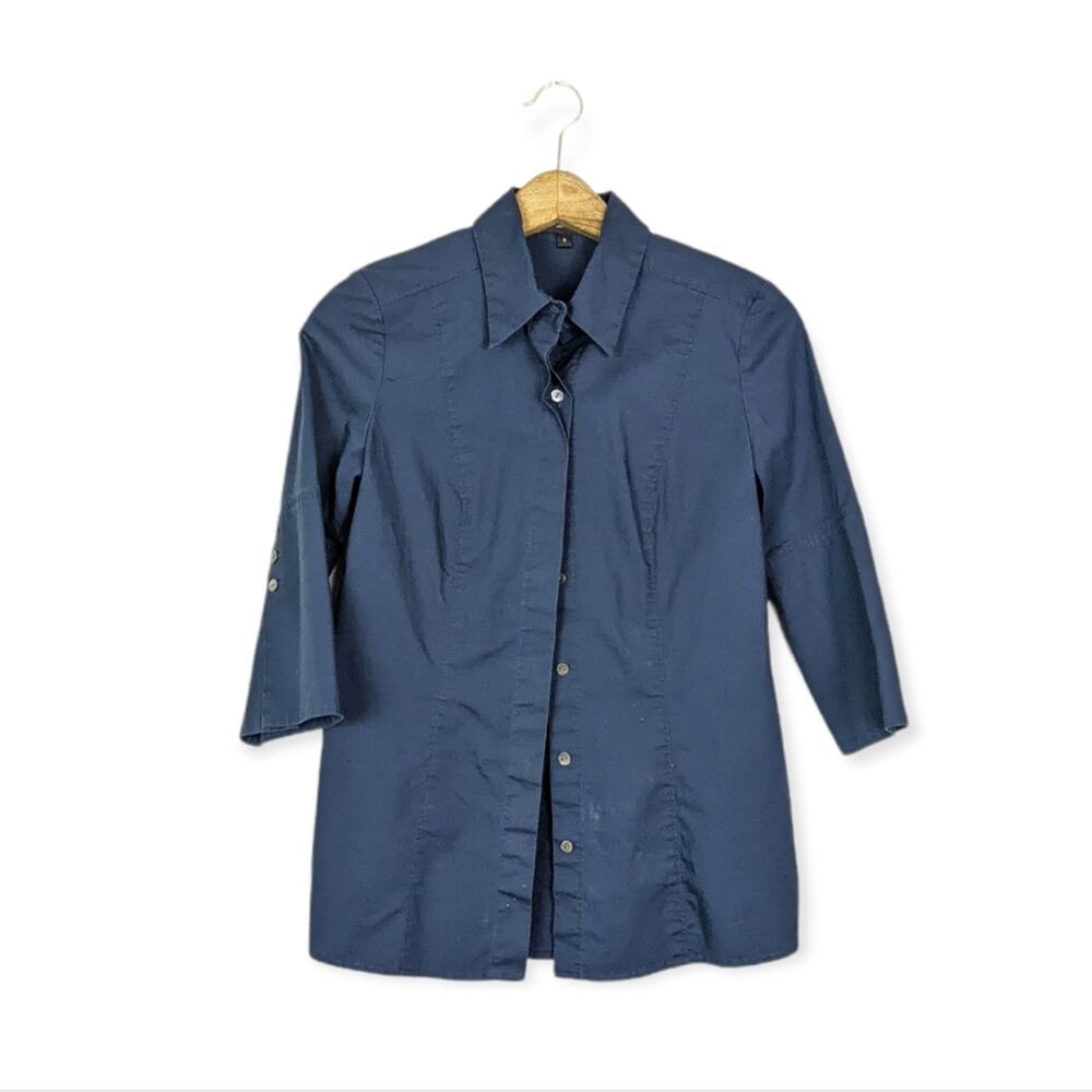 Hilton Hollis Blue Cotton Blend Button Down Blouse